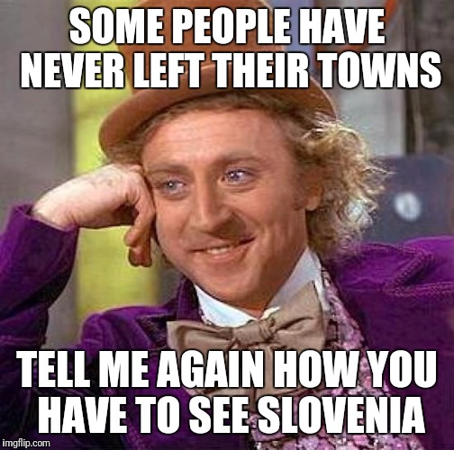 Creepy Condescending Wonka | SOME PEOPLE HAVE NEVER LEFT THEIR TOWNS; TELL ME AGAIN HOW YOU HAVE TO SEE SLOVENIA | image tagged in memes,creepy condescending wonka | made w/ Imgflip meme maker