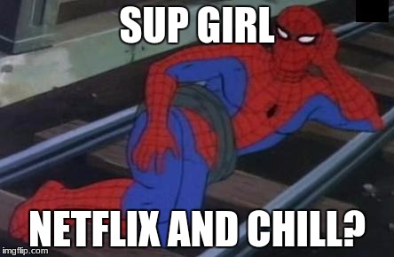 Sexy Railroad Spiderman Meme | SUP GIRL; NETFLIX AND CHILL? | image tagged in memes,sexy railroad spiderman,spiderman | made w/ Imgflip meme maker