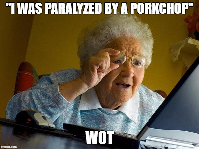 Grandma Finds The Internet Meme | "I WAS PARALYZED BY A PORKCHOP"; WOT | image tagged in memes,grandma finds the internet | made w/ Imgflip meme maker