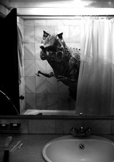 T Rex in Bathroom Blank Meme Template