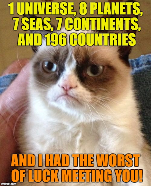 Grumpy Cat Meme | 1 UNIVERSE, 8 PLANETS, 7 SEAS, 7 CONTINENTS, AND 196 COUNTRIES; AND I HAD THE WORST OF LUCK MEETING YOU! | image tagged in memes,grumpy cat | made w/ Imgflip meme maker