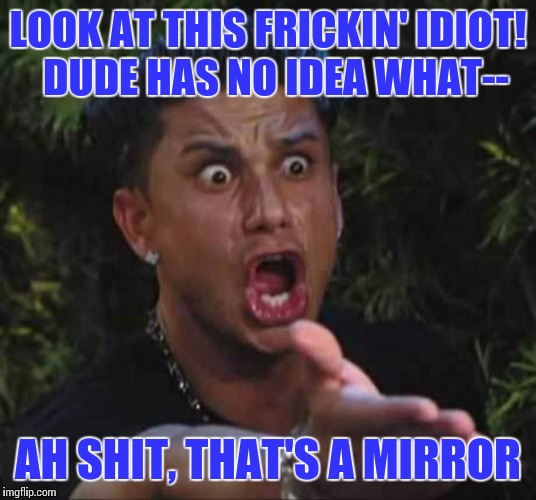 LOOK AT THIS FRICKIN' IDIOT!  DUDE HAS NO IDEA WHAT-- AH SHIT, THAT'S A MIRROR | made w/ Imgflip meme maker