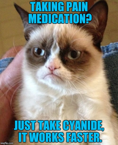 Grumpy Cat giving advice. | TAKING PAIN MEDICATION? JUST TAKE CYANIDE, IT WORKS FASTER. | image tagged in memes,grumpy cat,funny | made w/ Imgflip meme maker