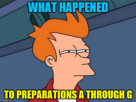 Futurama Fry Meme | WHAT HAPPENED; TO PREPARATIONS A THROUGH G | image tagged in memes,futurama fry | made w/ Imgflip meme maker
