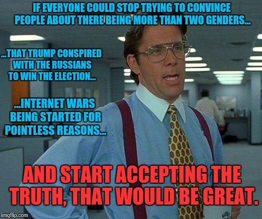 The internet has become a place where everyone hates everyone for the most pointless reasons. Can nobody just accept it? | IF EVERYONE COULD STOP TRYING TO CONVINCE PEOPLE ABOUT THERE BEING MORE THAN TWO GENDERS... ...THAT TRUMP CONSPIRED WITH THE RUSSIANS TO WIN THE ELECTION... ...INTERNET WARS BEING STARTED FOR POINTLESS REASONS... AND START ACCEPTING THE TRUTH, THAT WOULD BE GREAT. | image tagged in memes,that would be great,serious,funny,politics,trump | made w/ Imgflip meme maker