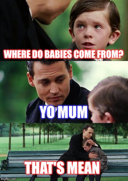 Finding Neverland Meme | WHERE DO BABIES COME FROM? YO MUM; THAT'S MEAN | image tagged in memes,finding neverland | made w/ Imgflip meme maker