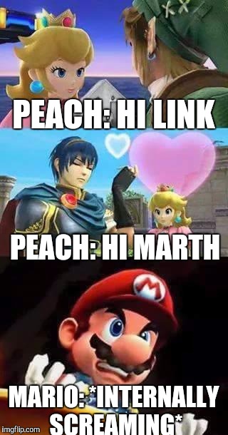 Peach thirsty & Mario's hungry | PEACH: HI LINK; PEACH: HI MARTH; MARIO: *INTERNALLY SCREAMING* | image tagged in peach thirsty  mario's hungry | made w/ Imgflip meme maker