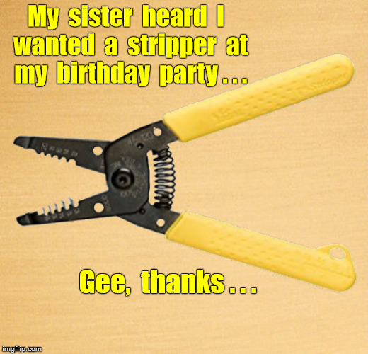 Sister got stripper for brother's party | My  sister  heard  I  wanted  a  stripper  at  my  birthday  party . . . Gee,  thanks . . . | image tagged in wire stripper,bad gift,first world problems,memes | made w/ Imgflip meme maker