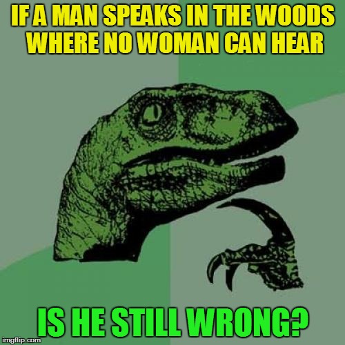 Philosoraptor | IF A MAN SPEAKS IN THE WOODS WHERE NO WOMAN CAN HEAR; IS HE STILL WRONG? | image tagged in memes,philosoraptor | made w/ Imgflip meme maker