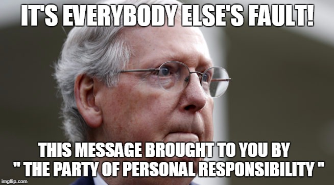 IT'S EVERYBODY ELSE'S FAULT! THIS MESSAGE BROUGHT TO YOU BY   " THE PARTY OF PERSONAL RESPONSIBILITY " | image tagged in republicans | made w/ Imgflip meme maker