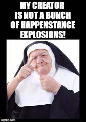 nun | MY CREATOR IS NOT A BUNCH OF HAPPENSTANCE EXPLOSIONS! | image tagged in nun | made w/ Imgflip meme maker