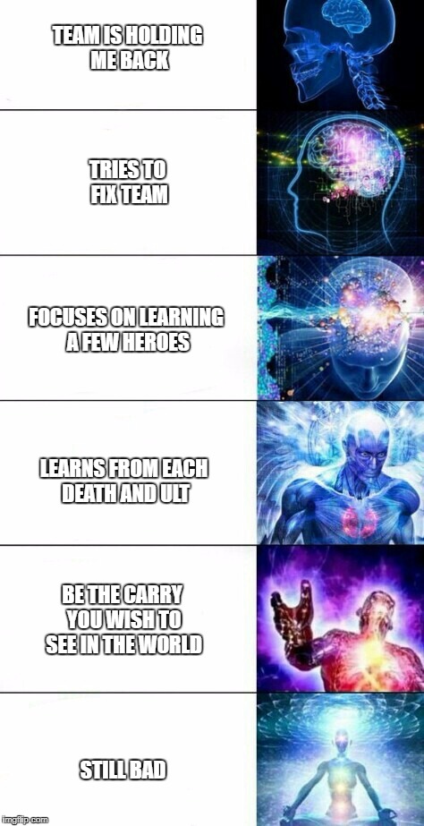 Human Transcendence | TEAM IS HOLDING ME BACK; TRIES TO FIX TEAM; FOCUSES ON LEARNING A FEW HEROES; LEARNS FROM EACH DEATH AND ULT; BE THE CARRY YOU WISH TO SEE IN THE WORLD; STILL BAD | image tagged in human transcendence | made w/ Imgflip meme maker