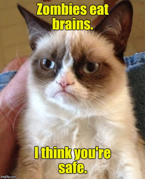Grumpy Cat Meme | Zombies eat brains. I think you're safe. | image tagged in memes,grumpy cat | made w/ Imgflip meme maker