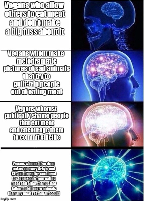 Expanding Brain | Vegans who allow others to eat meat and don't make a big fuss about it; Vegans whom make melodramatic pictures of sad animals that try to guilt-trip people out of eating meat; Vegans whomst publically shame people that eat meat and encourage them to commit suicide; Vegans whomst'd've drop nukes on every Arby's and KFC on the entire continent to stop people from eating meat and allow the nuclear fallout to kill more animals than any meat restaurant could | image tagged in expanding brain | made w/ Imgflip meme maker