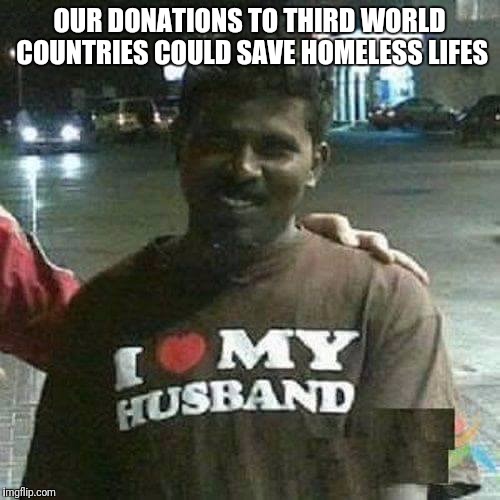 Third world countries donations | OUR DONATIONS TO THIRD WORLD COUNTRIES COULD SAVE HOMELESS LIFES | image tagged in so i got that goin for me which is nice | made w/ Imgflip meme maker