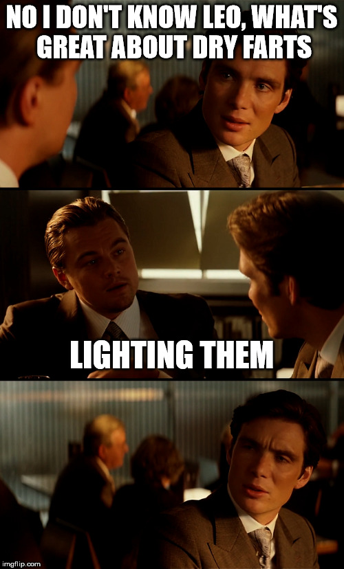 inception | NO I DON'T KNOW LEO, WHAT'S GREAT ABOUT DRY FARTS; LIGHTING THEM | image tagged in farts,inception,funny meme | made w/ Imgflip meme maker