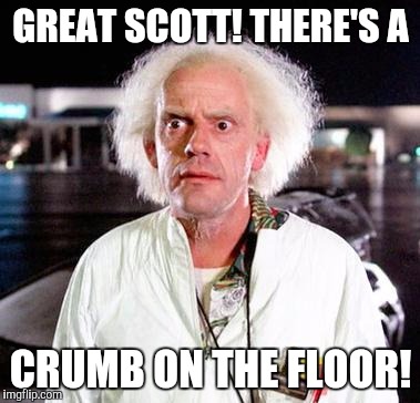 Doc Brown |  GREAT SCOTT! THERE'S A; CRUMB ON THE FLOOR! | image tagged in doc brown | made w/ Imgflip meme maker