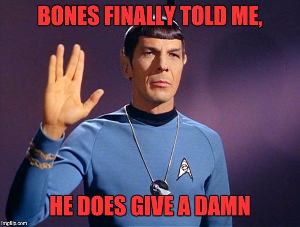 Spock Logical | BONES FINALLY TOLD ME, HE DOES GIVE A DAMN | image tagged in spock live long and prosper,memes,funny,funny memes,dank memes | made w/ Imgflip meme maker