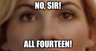 Jodie Whittaker as the Doctor | NO, SIR! ALL FOURTEEN! | image tagged in doctor who | made w/ Imgflip meme maker