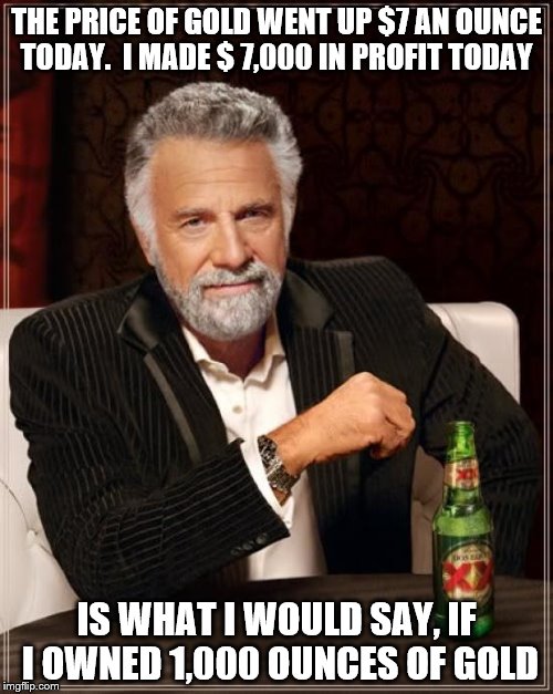 The Most Interesting Man In The World Meme | THE PRICE OF GOLD WENT UP $7 AN OUNCE TODAY.  I MADE $ 7,000 IN PROFIT TODAY; IS WHAT I WOULD SAY, IF I OWNED 1,000 OUNCES OF GOLD | image tagged in memes,the most interesting man in the world | made w/ Imgflip meme maker