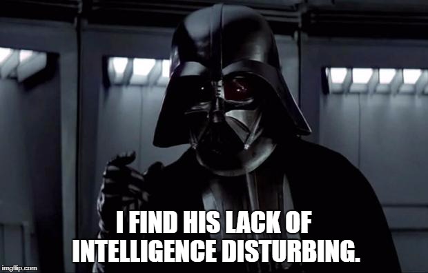 lack of intelligence | I FIND HIS LACK OF INTELLIGENCE DISTURBING. | image tagged in darth vader,find,intelligence,lacking | made w/ Imgflip meme maker