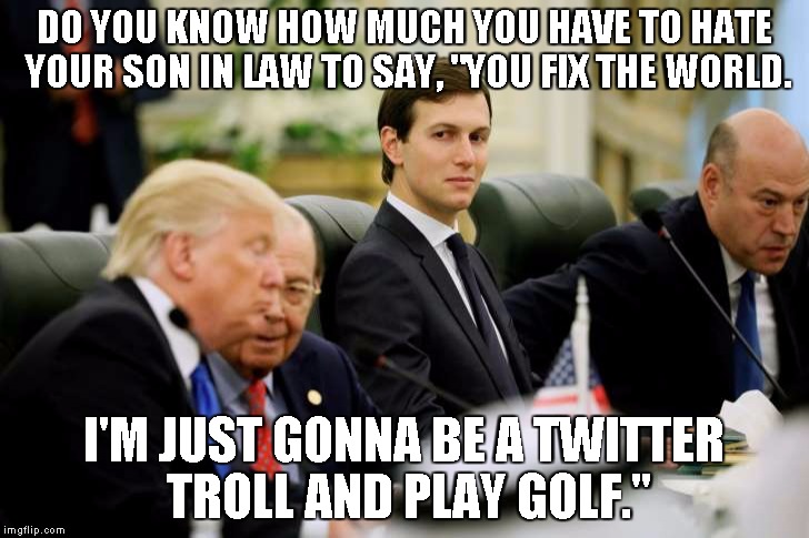 jared kushner | DO YOU KNOW HOW MUCH YOU HAVE TO HATE YOUR SON IN LAW TO SAY, "YOU FIX THE WORLD. I'M JUST GONNA BE A TWITTER TROLL AND PLAY GOLF." | image tagged in jared kushner | made w/ Imgflip meme maker