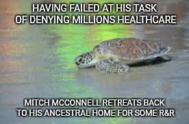 McConnell goes home.. | HAVING FAILED AT HIS TASK OF DENYING MILLIONS HEALTHCARE; MITCH MCCONNELL RETREATS BACK TO HIS ANCESTRAL HOME FOR SOME R&R | image tagged in mitch mcconnell,healthcare,trumpcare,obamacare,politics,political | made w/ Imgflip meme maker