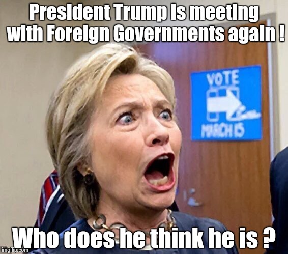Making mountains out of molehills | President Trump is meeting with Foreign Governments again ! Who does he think he is ? | image tagged in hillary triggered,news,idiots,nonsense,stupid,democrats | made w/ Imgflip meme maker