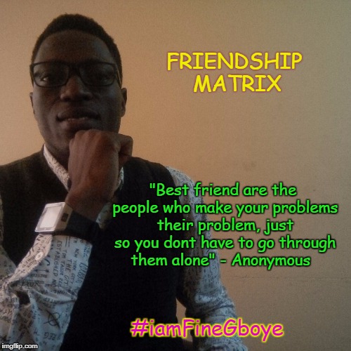 FRIENDSHIP MATRIX | FRIENDSHIP MATRIX; "Best friend are the people who make your problems their problem, just so you dont have to go through them alone" - Anonymous; #iamFineGboye | image tagged in friendzone | made w/ Imgflip meme maker