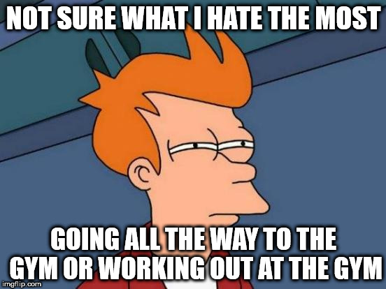 Futurama Fry | NOT SURE WHAT I HATE THE MOST; GOING ALL THE WAY TO THE GYM OR WORKING OUT AT THE GYM | image tagged in memes,futurama fry | made w/ Imgflip meme maker