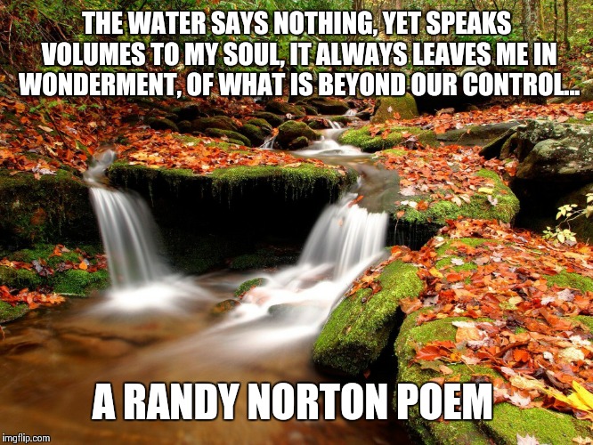 Of Water And Time | THE WATER SAYS NOTHING, YET SPEAKS VOLUMES TO MY SOUL, IT ALWAYS LEAVES ME IN WONDERMENT, OF WHAT IS BEYOND OUR CONTROL... A RANDY NORTON POEM | image tagged in waterfall forest,randy norton | made w/ Imgflip meme maker