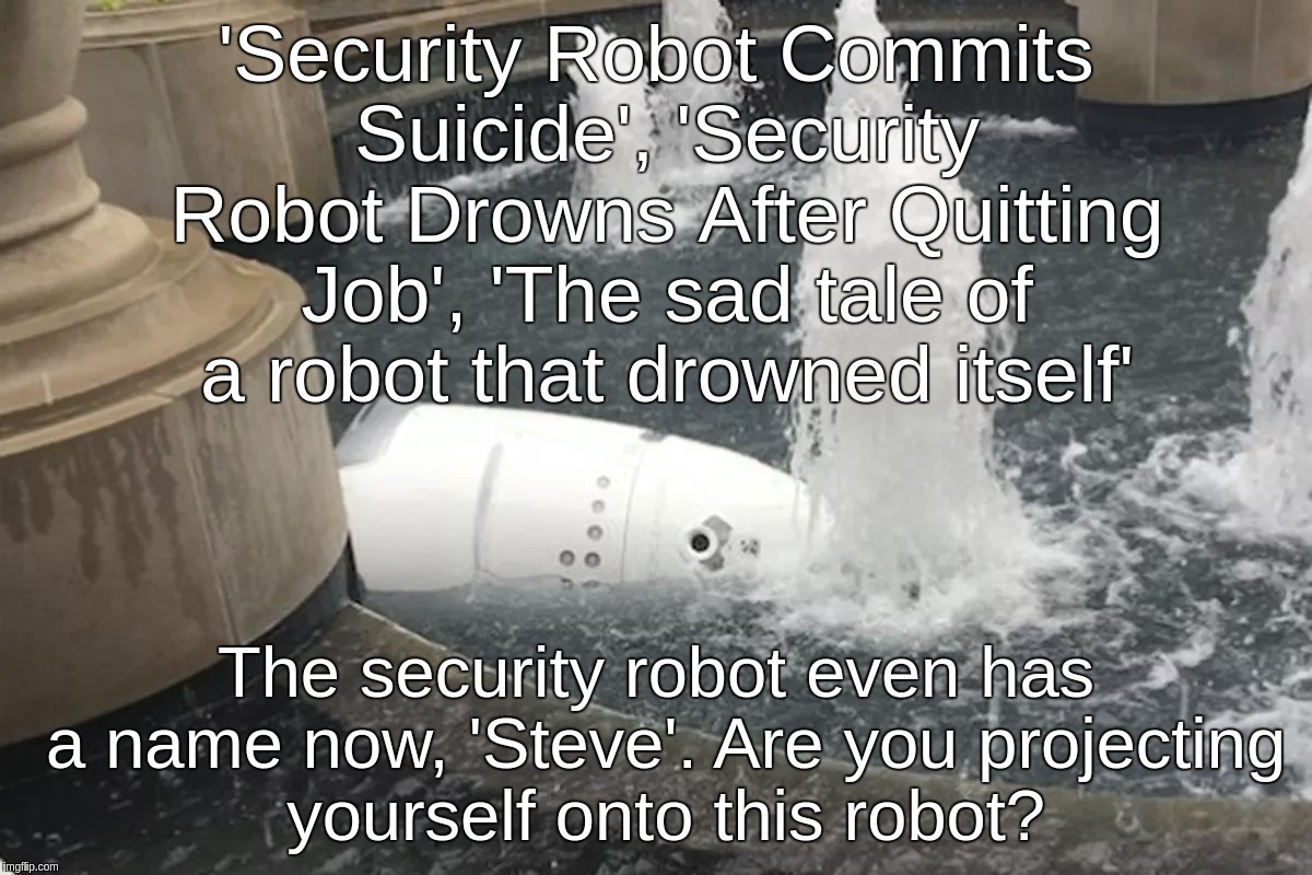 Suicidal Angles  | 'Security Robot Commits Suicide',
'Security Robot Drowns After Quitting Job',
'The sad tale of a robot that drowned itself'; The security robot even has a name now, 'Steve'.
Are you projecting yourself onto this robot? | image tagged in security,robot,drowns,steve,quit,suicide | made w/ Imgflip meme maker