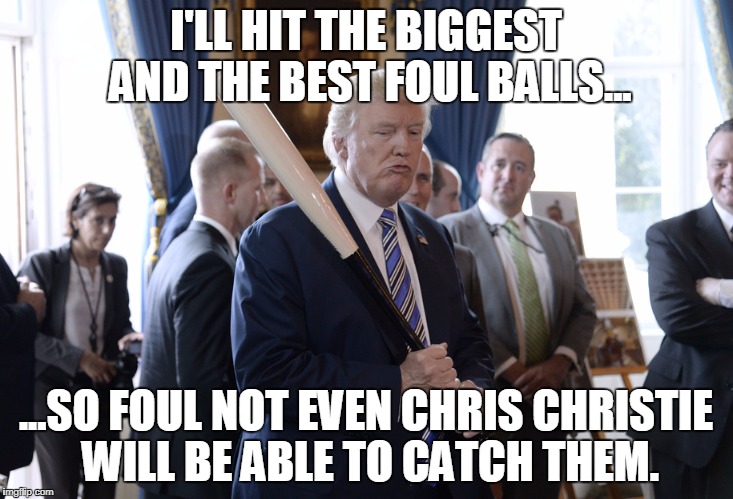 Foul Balls! | I'LL HIT THE BIGGEST AND THE BEST FOUL BALLS... ...SO FOUL NOT EVEN CHRIS CHRISTIE WILL BE ABLE TO CATCH THEM. | image tagged in donald trump,chris christie,foul | made w/ Imgflip meme maker