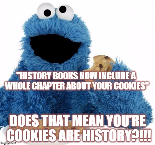 Cookie Monster | "HISTORY BOOKS NOW INCLUDE A WHOLE CHAPTER ABOUT YOUR COOKIES"; DOES THAT MEAN YOU'RE COOKIES ARE HISTORY?!!! | image tagged in cookie monster | made w/ Imgflip meme maker