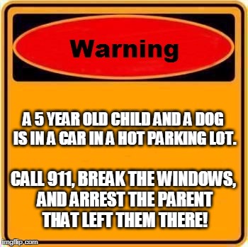 I mean, you have to, or both the cild and dog will die! | A 5 YEAR OLD CHILD AND A DOG IS IN A CAR IN A HOT PARKING LOT. CALL 911, BREAK THE WINDOWS, AND ARREST THE PARENT THAT LEFT THEM THERE! | image tagged in memes,warning sign | made w/ Imgflip meme maker