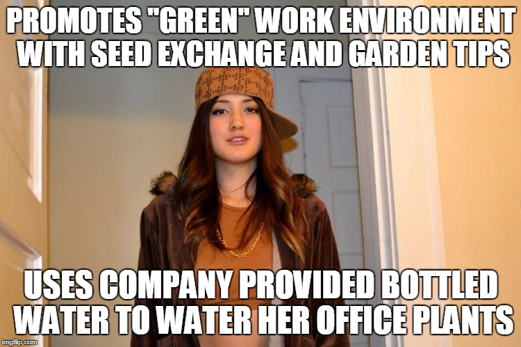 Scumbag Stephanie  | PROMOTES "GREEN" WORK ENVIRONMENT WITH SEED EXCHANGE AND GARDEN TIPS; USES COMPANY PROVIDED BOTTLED WATER TO WATER HER OFFICE PLANTS | image tagged in scumbag stephanie,AdviceAnimals | made w/ Imgflip meme maker