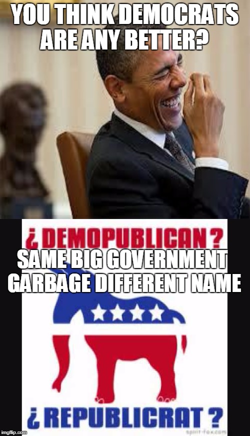YOU THINK DEMOCRATS ARE ANY BETTER? SAME BIG GOVERNMENT GARBAGE DIFFERENT NAME | made w/ Imgflip meme maker