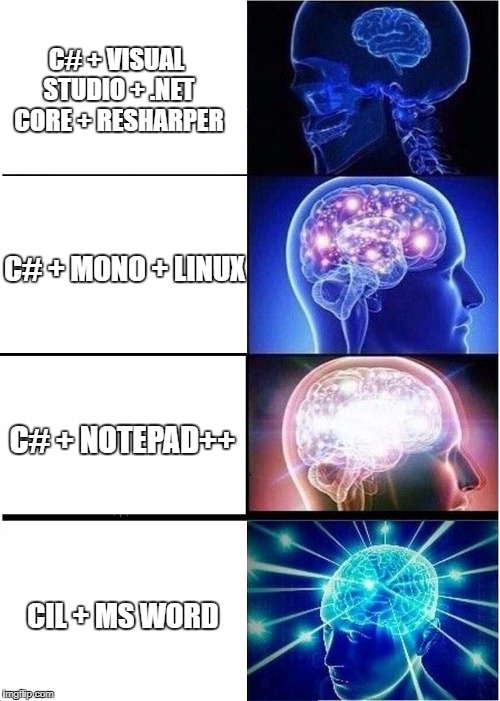 Expanding Brain Meme | C# + VISUAL STUDIO + .NET CORE + RESHARPER; C# + MONO + LINUX; C# + NOTEPAD++; CIL + MS WORD | image tagged in expanding brain | made w/ Imgflip meme maker