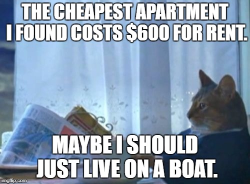 I Should Buy A Boat Cat Meme | THE CHEAPEST APARTMENT I FOUND COSTS $600 FOR RENT. MAYBE I SHOULD JUST LIVE ON A BOAT. | image tagged in memes,i should buy a boat cat | made w/ Imgflip meme maker