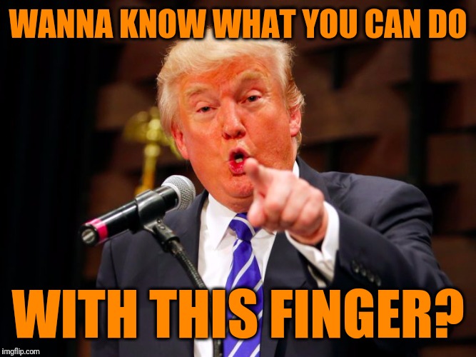 trump point | WANNA KNOW WHAT YOU CAN DO WITH THIS FINGER? | image tagged in trump point | made w/ Imgflip meme maker