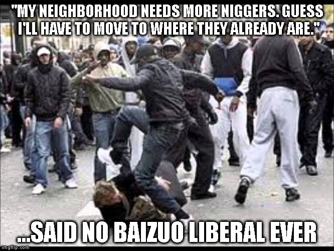 "MY NEIGHBORHOOD NEEDS MORE NIGGERS. GUESS I'LL HAVE TO MOVE TO WHERE THEY ALREADY ARE."; ...SAID NO BAIZUO LIBERAL EVER | made w/ Imgflip meme maker