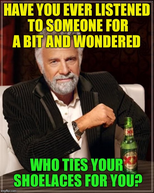  Less than functionally functioning  | HAVE YOU EVER LISTENED TO SOMEONE FOR A BIT AND WONDERED; WHO TIES YOUR SHOELACES FOR YOU? | image tagged in memes,the most interesting man in the world,funny | made w/ Imgflip meme maker