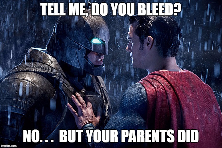 batman v superman | TELL ME, DO YOU BLEED? NO. . .  BUT YOUR PARENTS DID | image tagged in batman v superman | made w/ Imgflip meme maker
