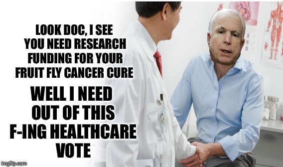 John McCain Brain Cancer | WELL I NEED OUT OF THIS F-ING HEALTHCARE VOTE; LOOK DOC, I SEE YOU NEED RESEARCH FUNDING FOR YOUR FRUIT FLY CANCER CURE | image tagged in john mccain,brain,cancer,health care,obamacare | made w/ Imgflip meme maker
