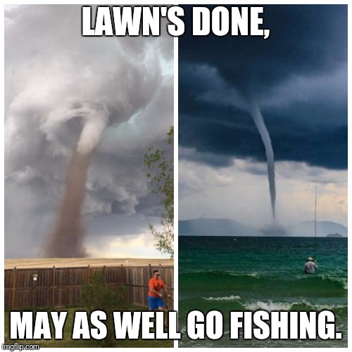 LAWN'S DONE, MAY AS WELL GO FISHING. | image tagged in memes | made w/ Imgflip meme maker