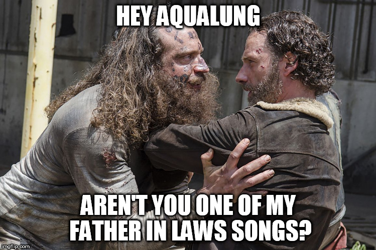 walking dead | HEY AQUALUNG; AREN'T YOU ONE OF MY FATHER IN LAWS SONGS? | image tagged in walking dead | made w/ Imgflip meme maker
