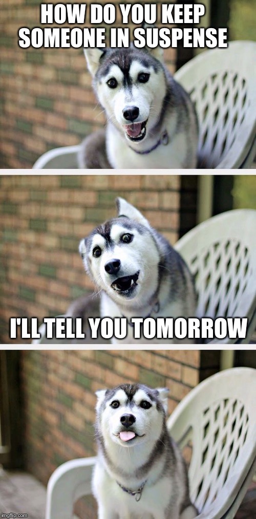 Bad Pun Dog 2 | HOW DO YOU KEEP SOMEONE IN SUSPENSE; I'LL TELL YOU TOMORROW | image tagged in bad pun dog 2 | made w/ Imgflip meme maker
