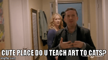 DO YOU TEACH ART TO CATS - Amy Schumer | CUTE PLACE DO U TEACH ART TO CATS? | image tagged in gifs,amy schumer,cats,tv,funny | made w/ Imgflip video-to-gif maker