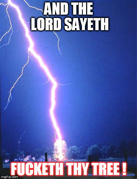 lightning | AND THE LORD SAYETH; FUCKETH THY TREE ! | image tagged in lightning | made w/ Imgflip meme maker