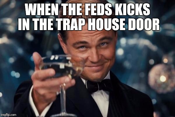 Leonardo Dicaprio Cheers |  WHEN THE FEDS KICKS IN THE TRAP HOUSE DOOR | image tagged in memes,leonardo dicaprio cheers,police,petty,funny memes | made w/ Imgflip meme maker